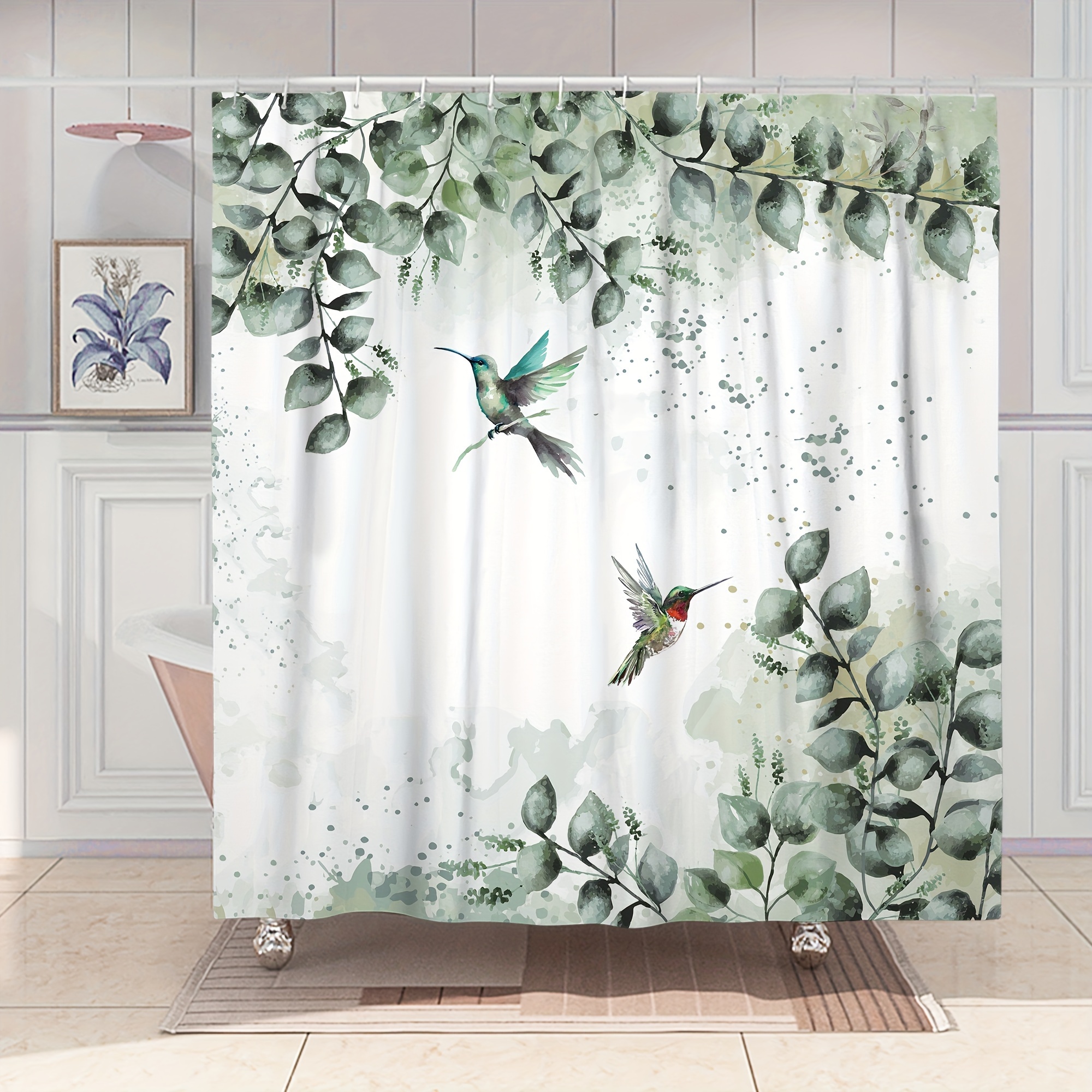 

Waterproof Leaf And Hummingbird Shower Curtain With 12 Hooks, 71x71 Inch Polyester Fabric, Rustic Pastoral Bathroom Decor, Machine Washable, Unlined, Woven Weave, Water-resistant