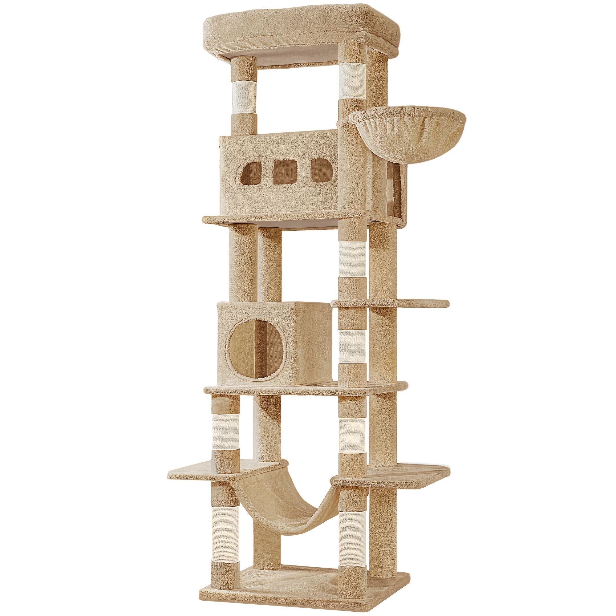 Large Cat Scratching Post 170 Cm High With 8 Scratching Posts, 2 Caves, Large Platforms, Washable Mat, Hammock, Plush Balls, Multi-tier Cat Scratching Post, Camel Brown
