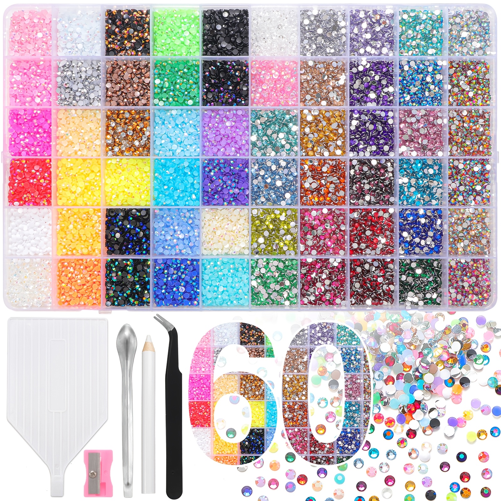 TEMU Set van 60 kleuren 3/4mm strass- & harssteentjes met platte achterkant en oppaktang, geschikt voor doe-het-zelf knutselen, kleding, schoenen,