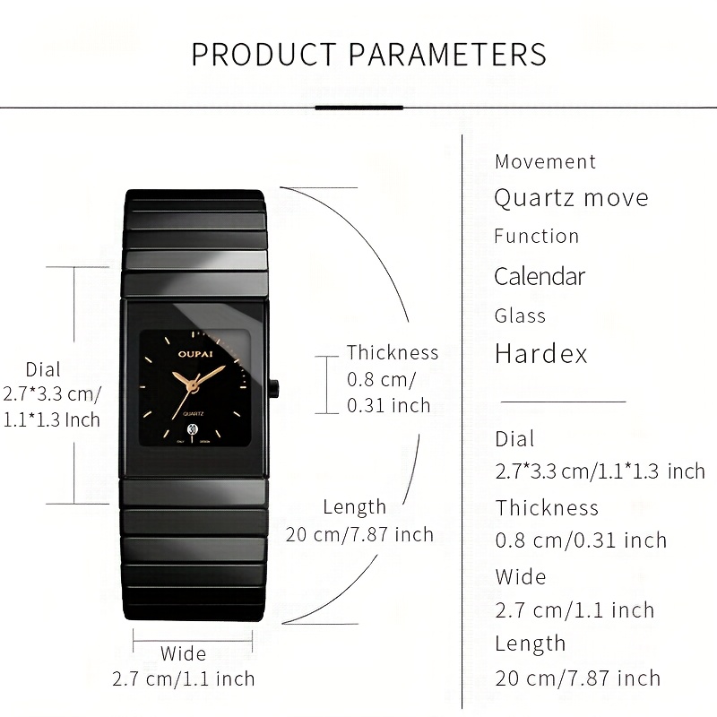Oupai Men's Square Dial Watch with Ceramic Strap, 27mm Rectangular Wristwatch Featuring Bar Indexes, Calendar Display, Simple Casual Style Suitable for Daily Wear