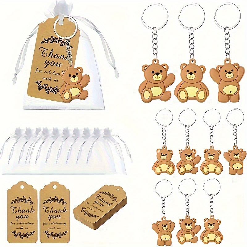 

10 Pcs Teddy Bear Keychain Party Favors Set, Includes Thank You Kraft Tags & Sheer Organza Bags, Perfect For Wedding, Birthday, Baby Shower Decorations