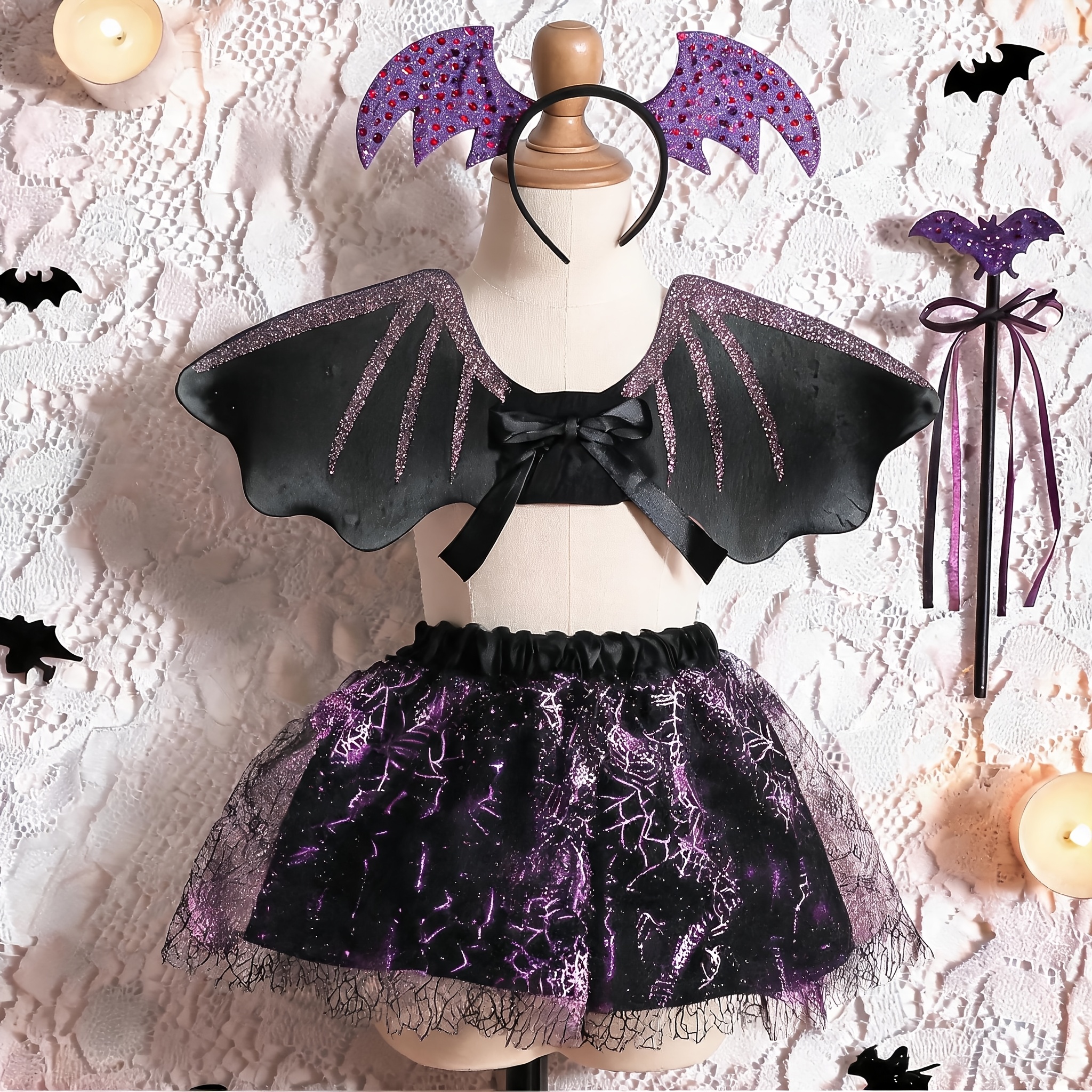 TEMU Halloween 4pcs Set, Small Size, Costume Accessory Set, Purple Set, Suitable For Holiday Parties, Masquerade Balls, And Performance Costume