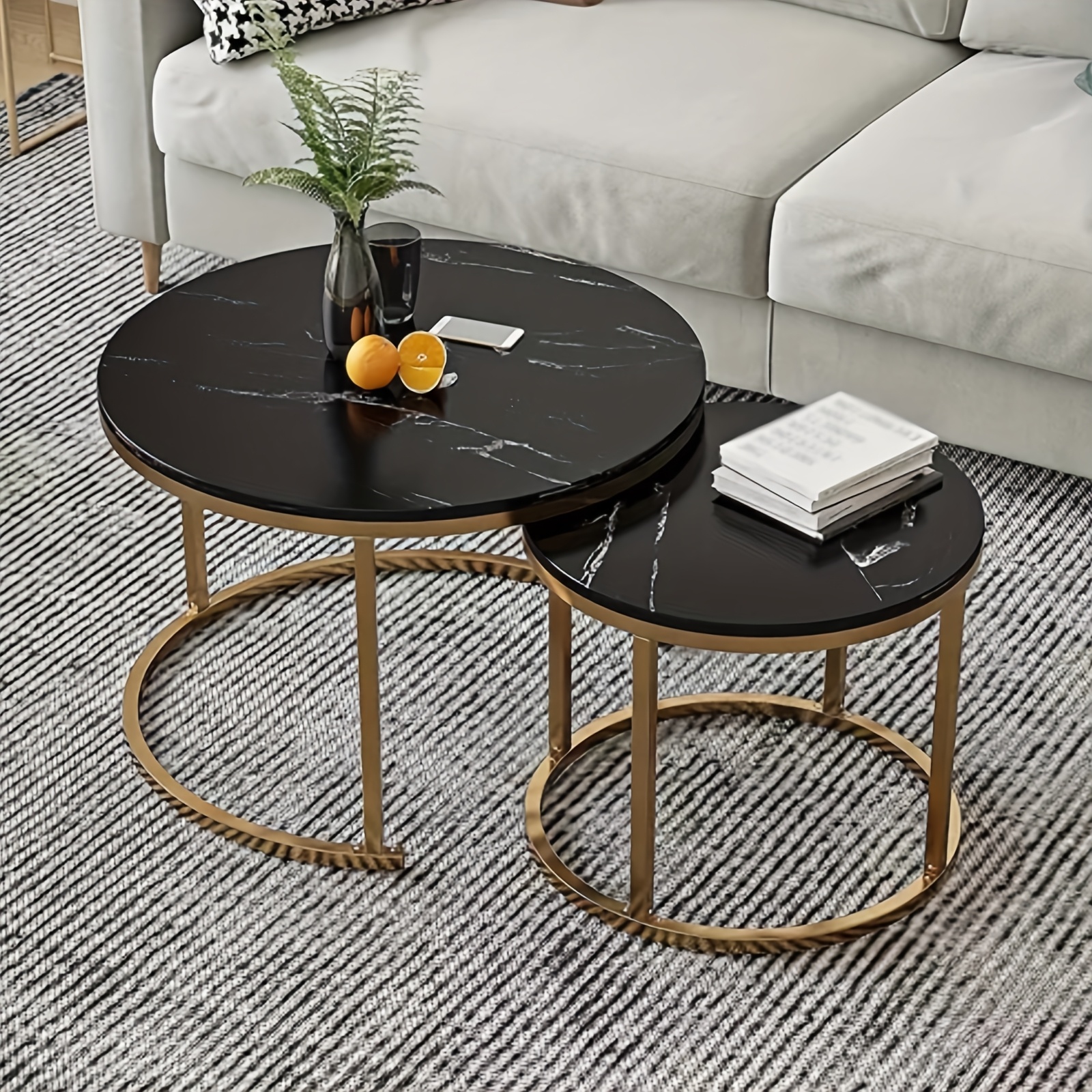 E-shop Runder Couchtisch, 2er-Set, Kaffeetisch, Modernes Beistelltisch-Set mit Metallrahmen für Wohnzimmer, Balkon, Büro