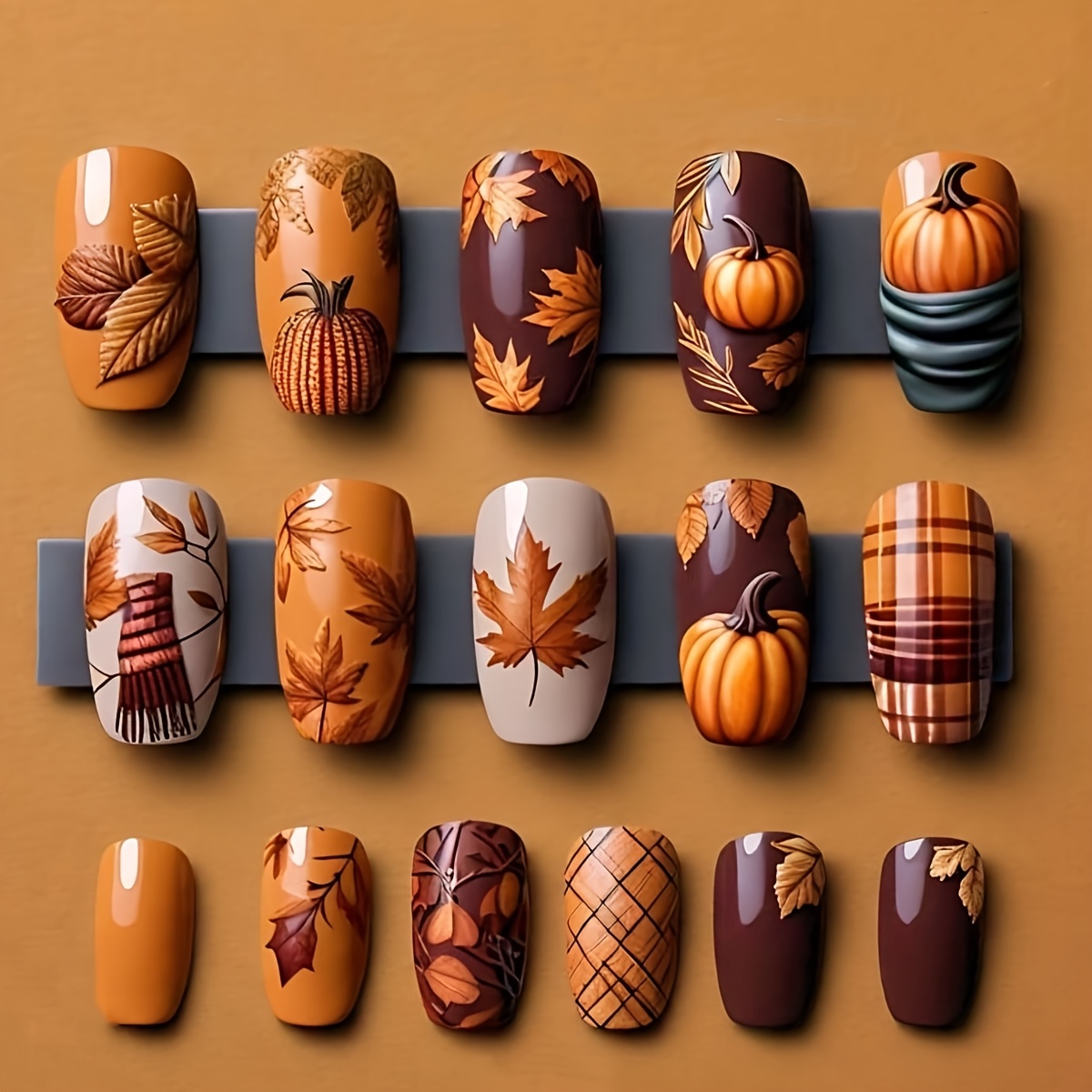 TEMU 24pcs Of Medium Square Press-on Nail Tips With Autumn-themed Designs Like And Pumpkin Scarves, Suitable For Everyday Wear, With Jelly Glue And A