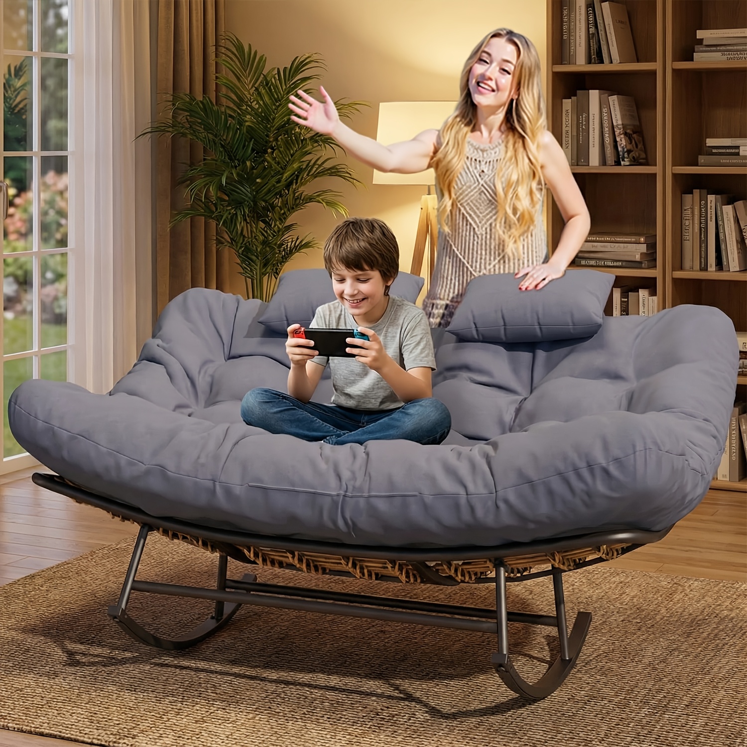 Large Papasan Rocking Chair, Double Rocking Chair with Thick Cushions And Rattan Frame, Oversized Lounge Chair for Nurseries, Suitable for Rooms, Living Rooms, Bedrooms, And Apartments (Gray)