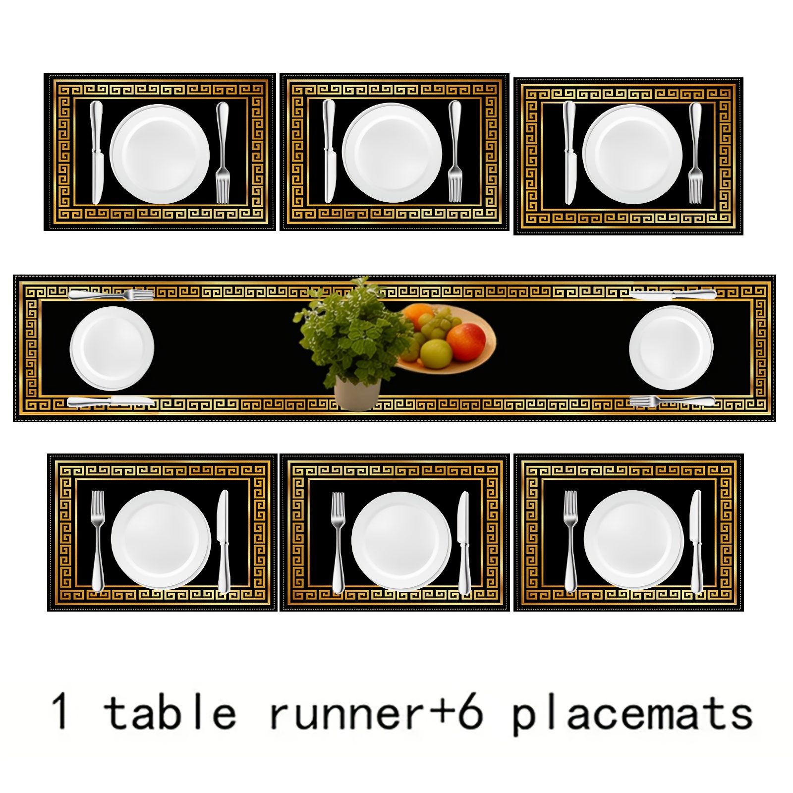 TEMU Black And Geometric Tablecloth And Placemats, Suitable For Kitchen, Dining Room, Home Decor, And Party/wedding Decorations