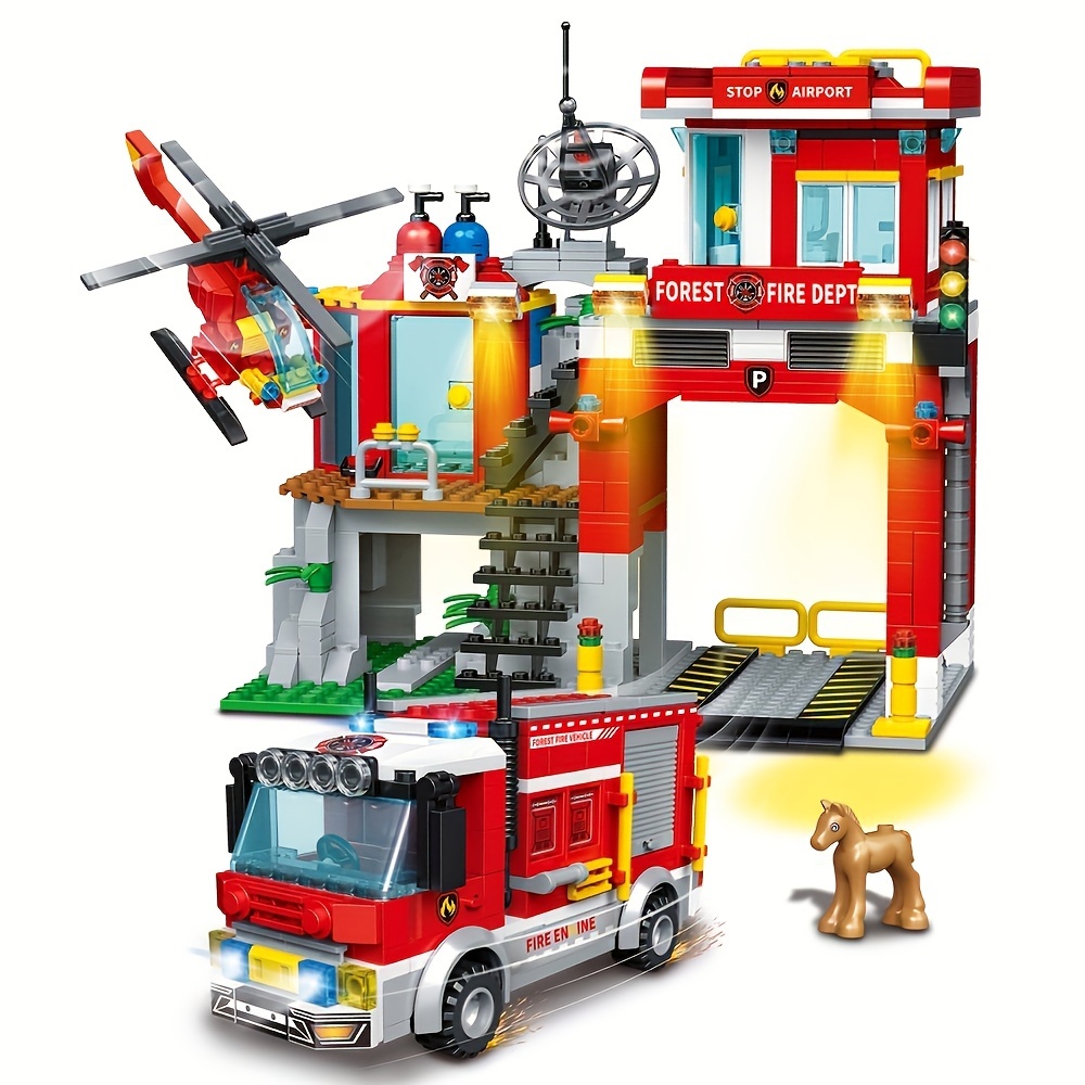 

City Fire Station Building Blocks Set, Forest Fire Protection, Including Fire Station, Car, Helicopter, Stem Toys Gift