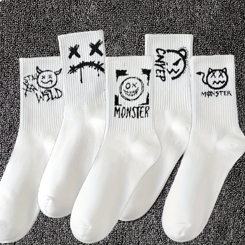 TEMU 5/10pairs Men's Knitted Graffiti Pattern Crew Socks, Comfy Breathable Soft Socks, For All