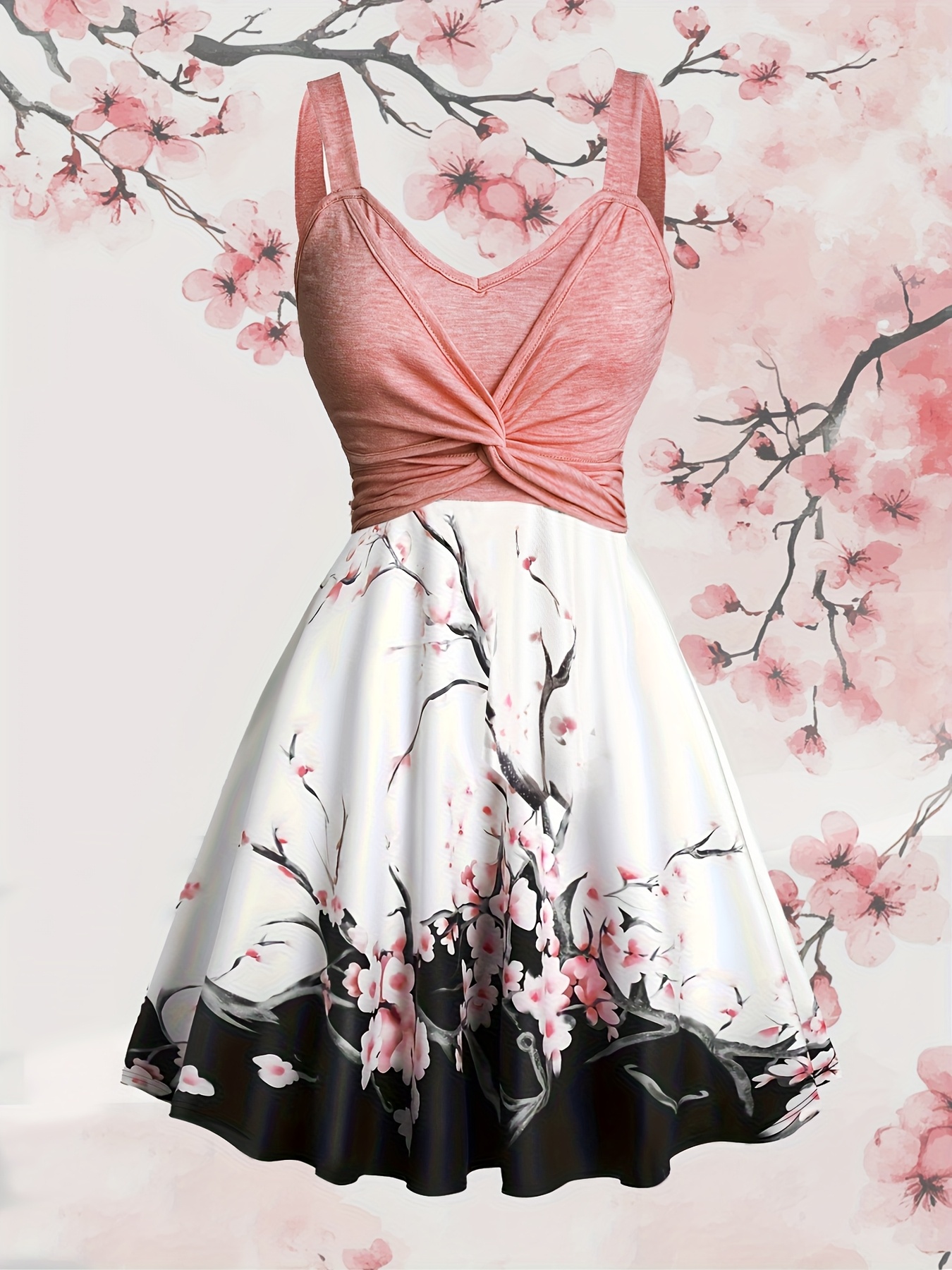 urlaubskleid mit kirschblüten-print, überkreuzte träger und kirschblütendruck, elegantes sommer-outfit für freizeit,  -kunstverlauf-kirschblütenkleid