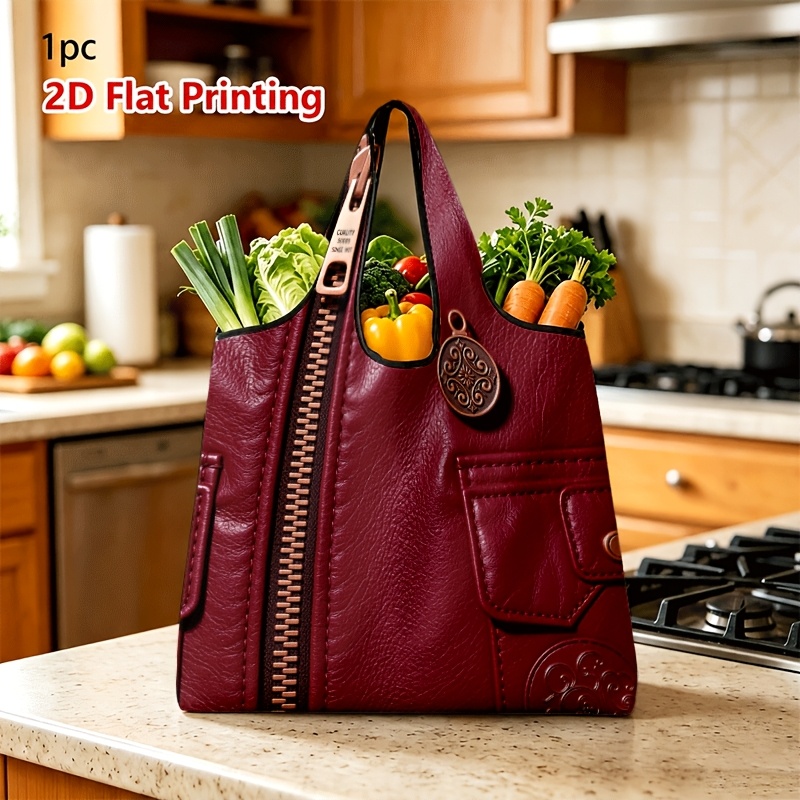 TEMU 1pc 2d Flat Unisex Large-capacity Shopping Tote Bag, 2d Flat Print Burgundy Faux Leather Tote Bag With Zipper & Retro Carved Ornament, Large