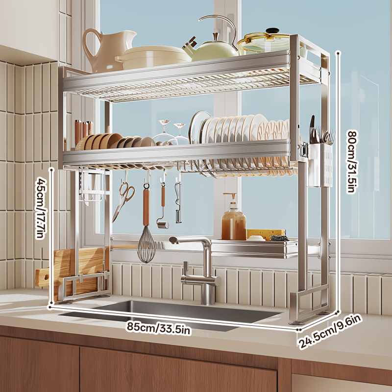TEMU [large Item/sea Shipping] 1pc Stainless Steel Large Bowl And Dish Drain Rack, Kitchen Countertop Organizer, 2-tier Multifunctional Sink Rack,