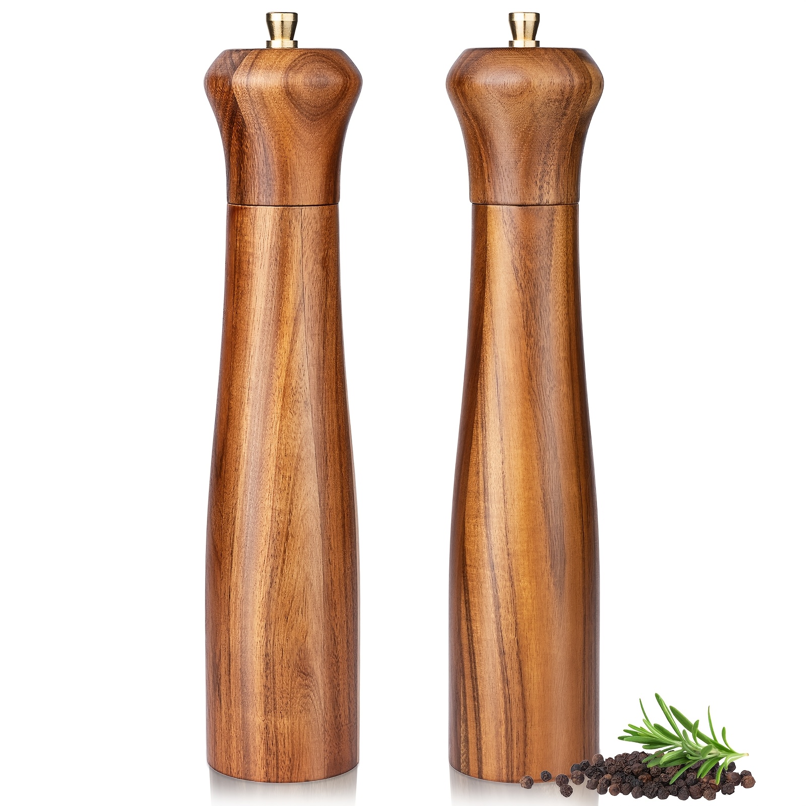 TEMU 2-pack, Acacia Wood Salt And Pepper Grinder Set, 10 Inch Ceramic Core Adjustable Coarseness, Easy To Refill, Marked S&p Caps For Kitchen Dining