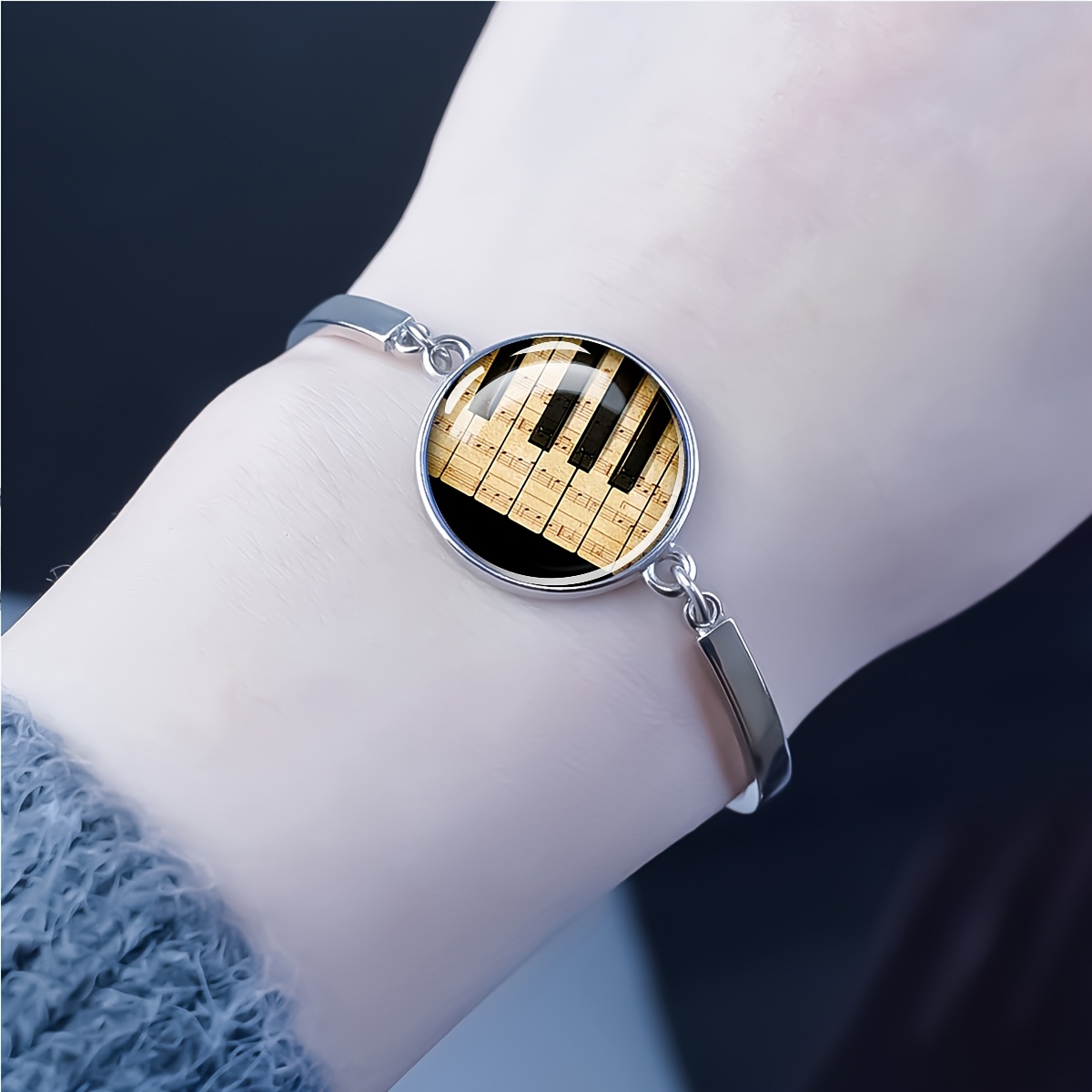 Piano Key Music Sheet Glass Dome Bracelet, Adjustable