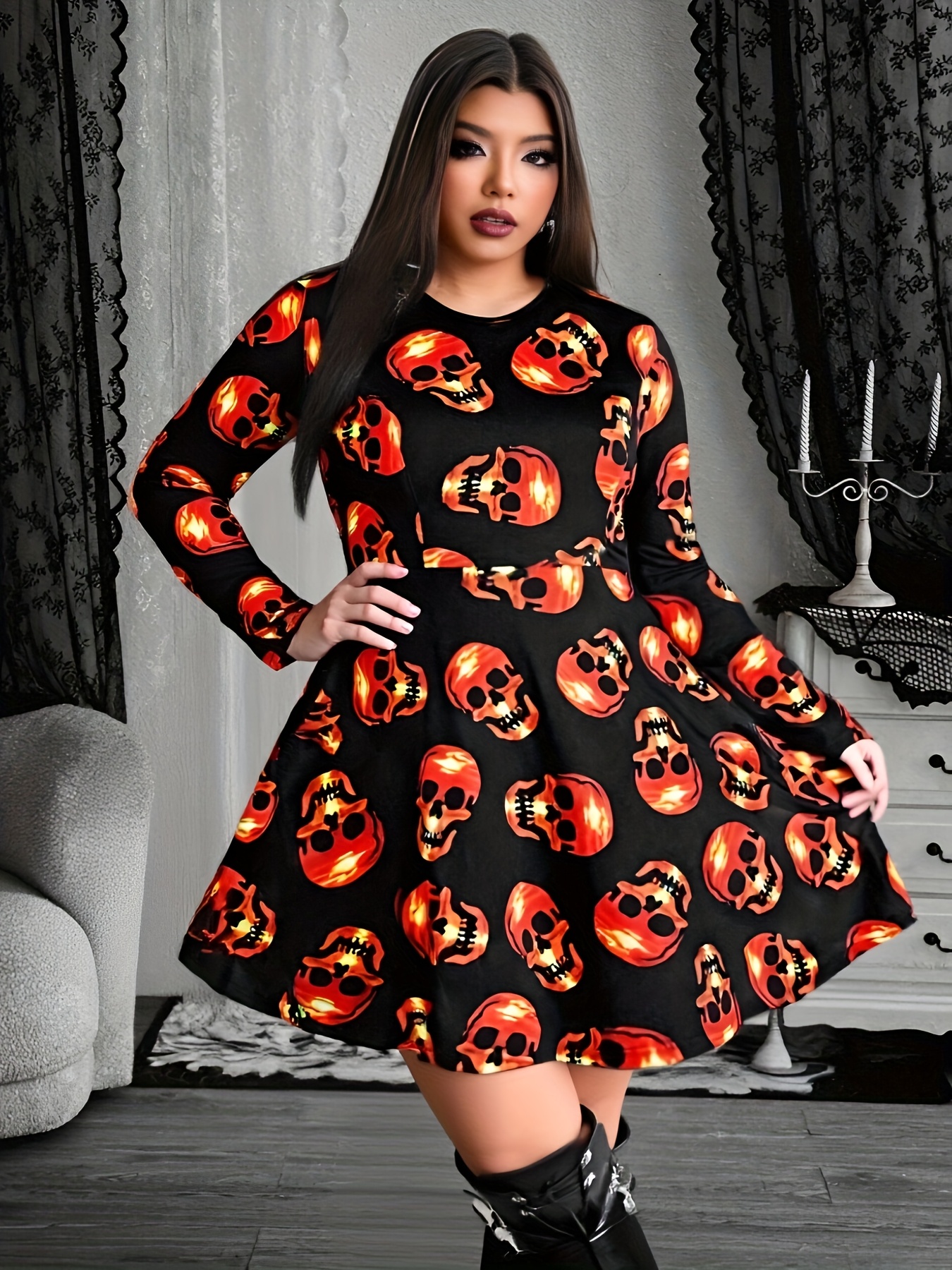 maxi dress with skulls Flocked Skull Maxi Dress | Alternative Clothing Store