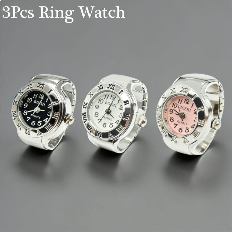 TEMU 3pcs Elegant Women's Mini Elastic Strap Quartz Movement Ring Watch Set, Fashion Round Arabic Numeral Dial, Ring Watch