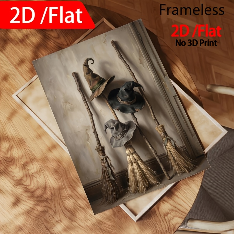 TEMU 2d Flat, 1pc Vintage Hats & Brooms Print, Rustic Halloween, Cottagecore Decor, Halloween Printable, Living Room, Bedroom, Office, Dining Room,