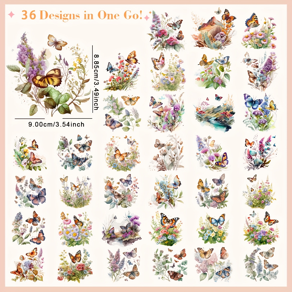 TEMU Lot de 36 autocollants thermocollants DTF à soi-, aquarelle papillon et floral, lavables, prêts à presser, patchs en pour vêtements, t-shirts,