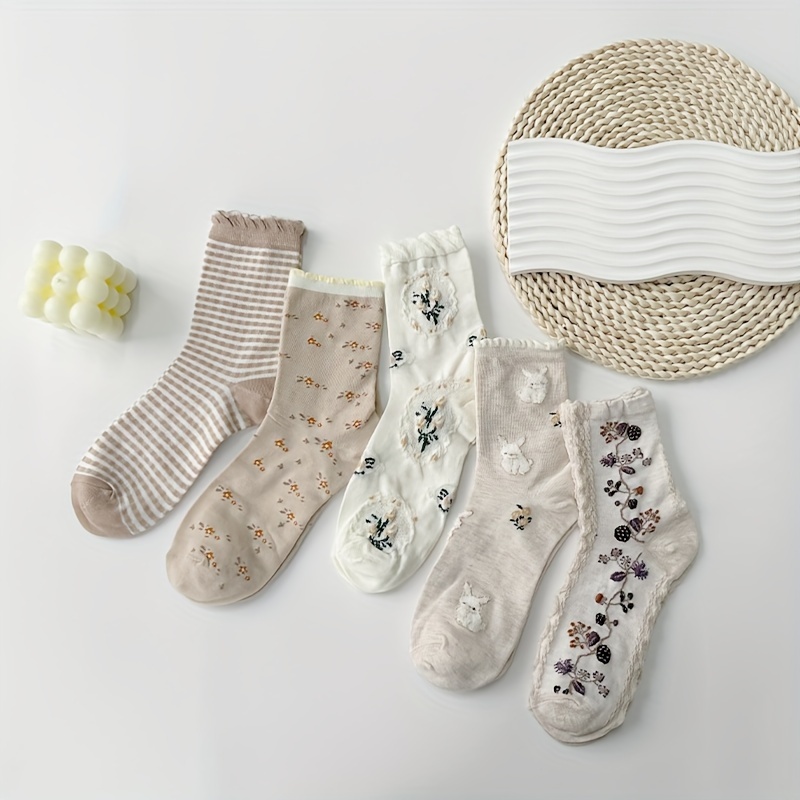 

5 Pairs Floral & Bunny Print Socks, Comfy & Breathable Ruffle Socks, Women's Stockings & Hosiery