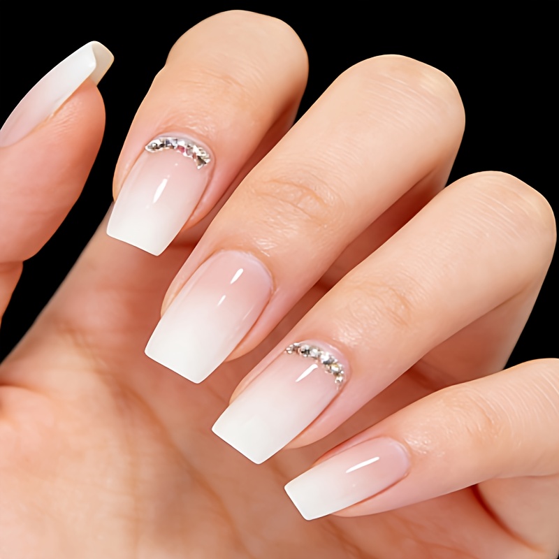 TEMU 24pcs Of Square-shaped White Gradient Nail Art, White Gradient With Sparkling Rhinestones, Reusable False Nails, High-end Boutique Nail Design