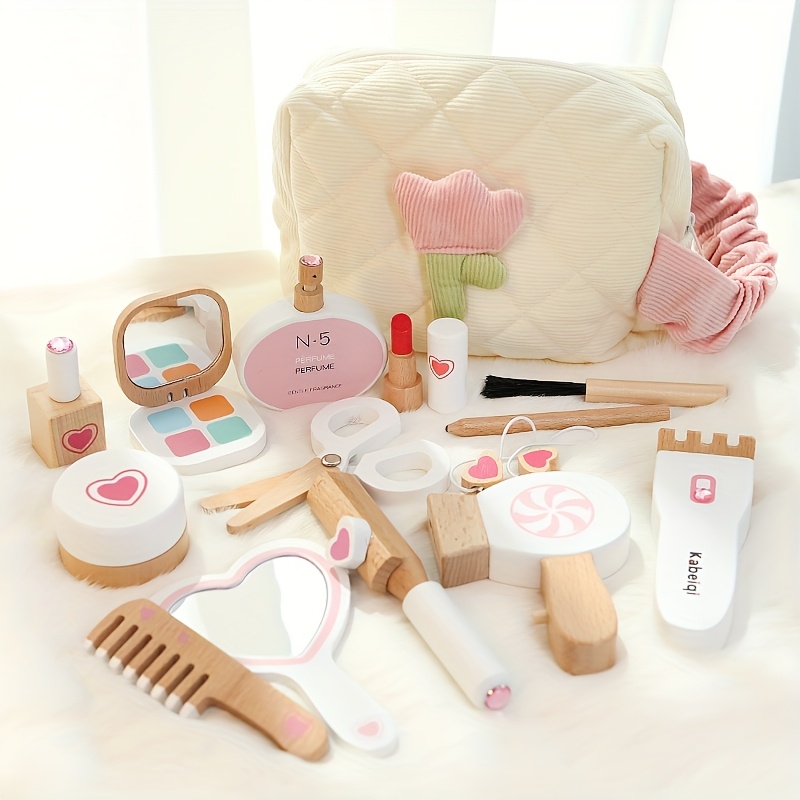 wooden girlhouse playset hairdressing tools makeup bag toys pink synthetic gemstone little princess lipstick perfume and more wooden princess toys perfect gift for girls and boys for school birthday halloween thanksgiving christmas best for christmas   thanksgiving