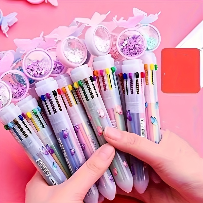 

10-piece Cartoon Ten Color Round Ballpoint Pens - Student Multi-color Push Button Oil Pens - Waterproof Ink - Neutral Pens - School Supplies