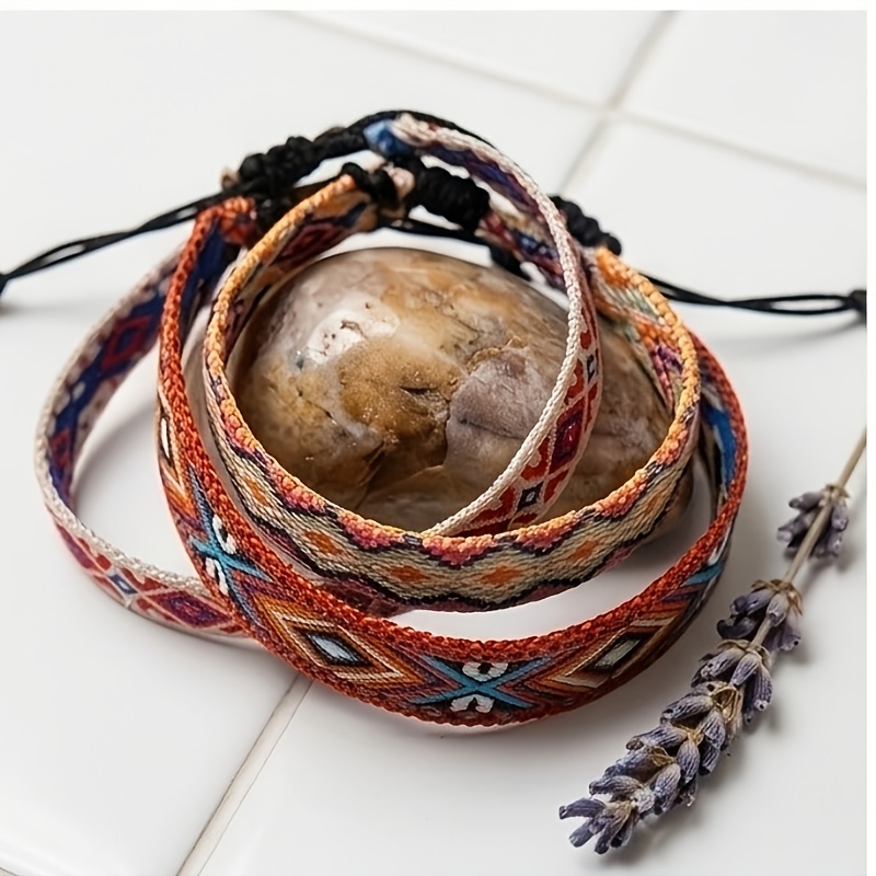 3pcs Handmade Woven Contrast Bracelet Set, Bohemian Style
