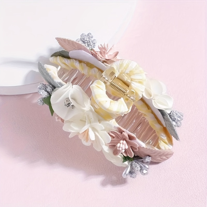 TEMU Elegant Floral Hair Claw Clip With Beads - Non-slip, For Thick Hair - Chic Yellow & Cream Design - Perfect Valentine's Day Gift