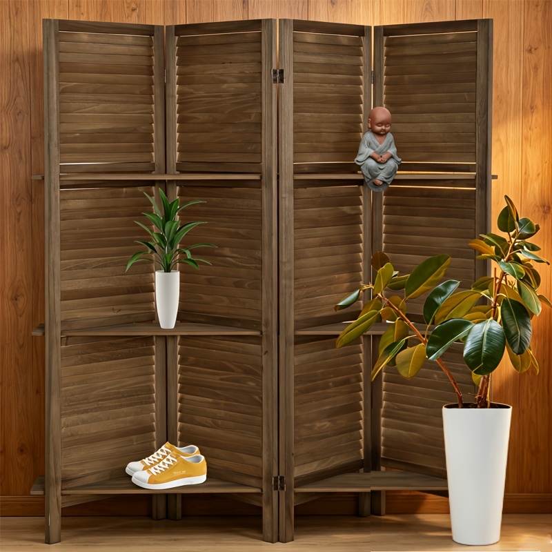 5 6ft 4 panel folding room divider with shelves freestanding privacy screen partition natural wood room separator