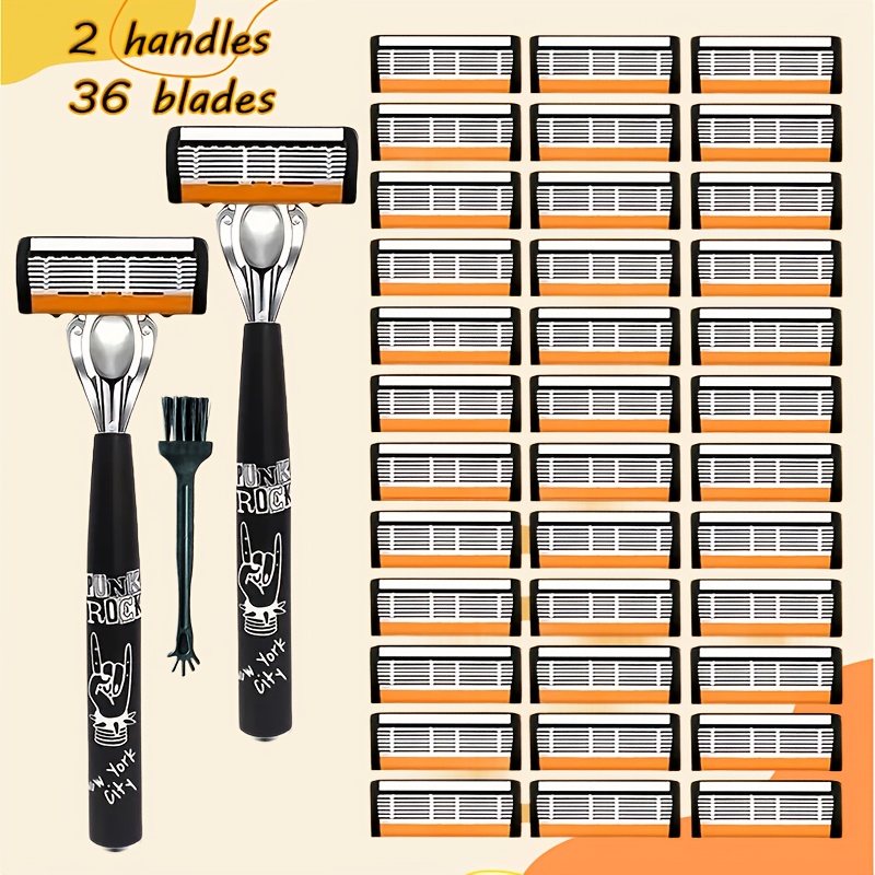 hip hop style mens manual razor with orange and white blade color scheme featuring six     each set   2 premium handles and 36 replacement blade cartridges   with a cleaning brush for   and repeated use