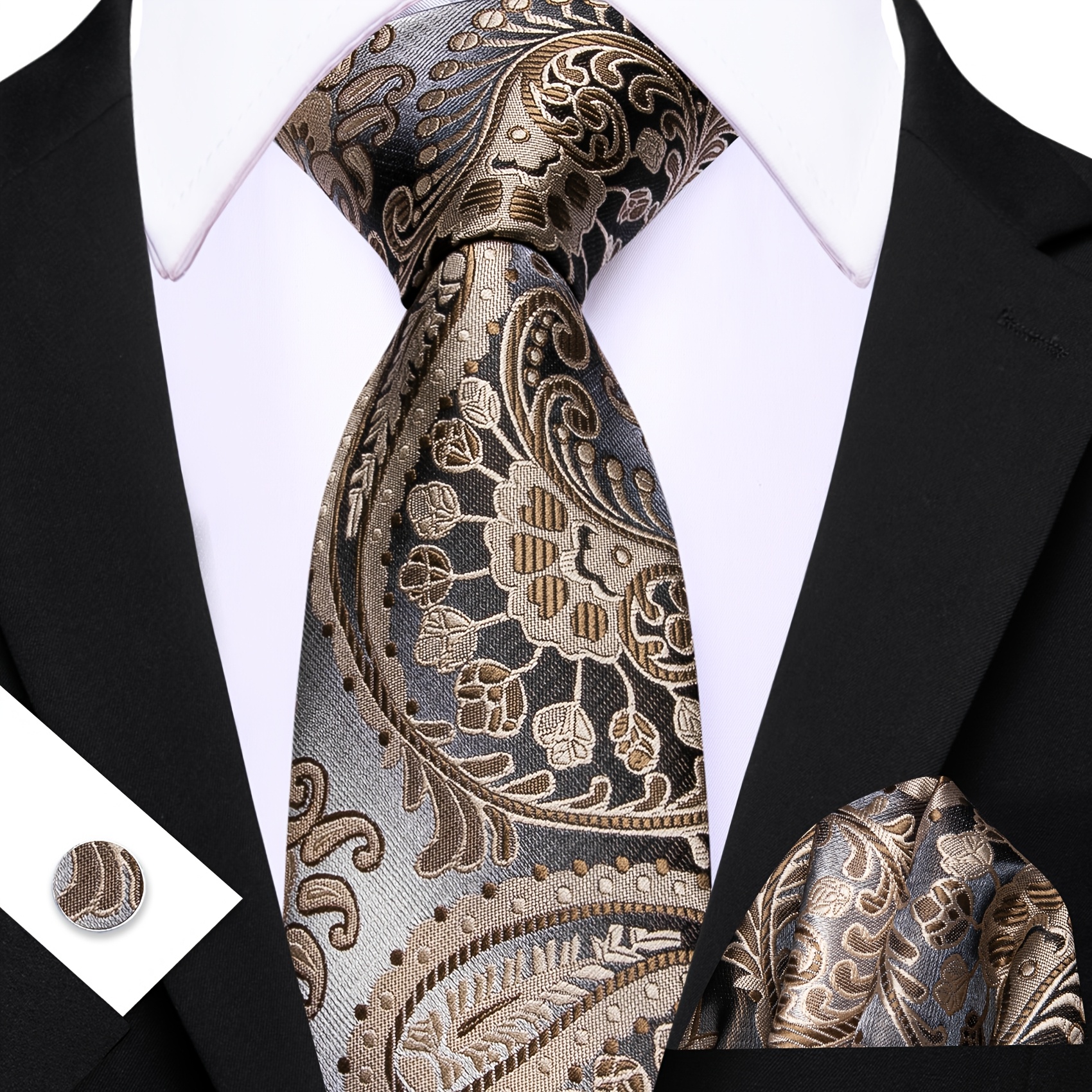 Image of Men's Brown Necktie With Matching Pocket Square & Cufflinks - Solid Color Business Dress Accessory, Elegant Formal Party Wedding Suit Tie For Professional Attire -