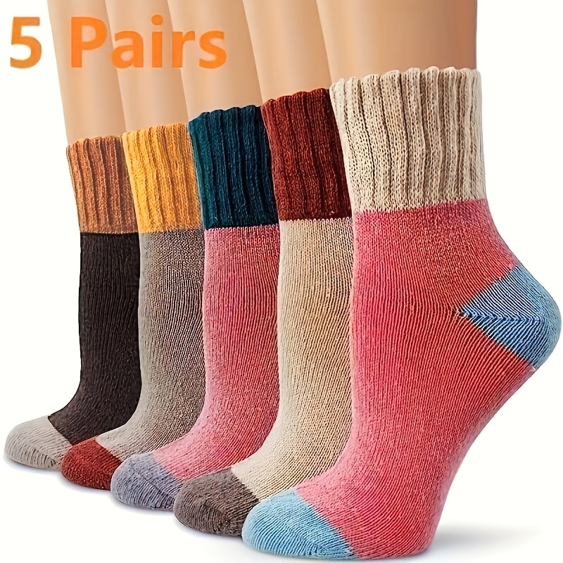 TEMU Lot de 5 paires de chaussettes mi-hautes épaisses et chaudes en éponge pour femme, adaptées à et à l'hiver, thermiques à blocs de couleur avec