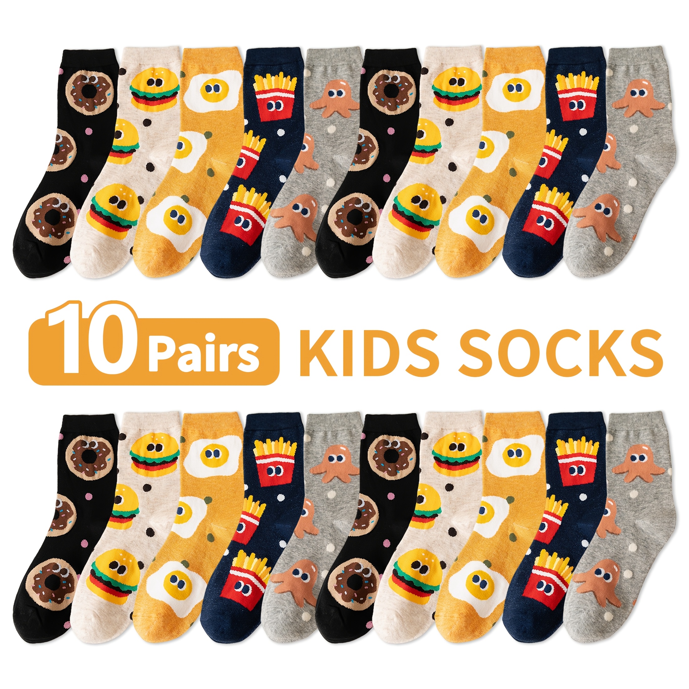 E-shop 10er-Pack Kinder-Socken mit süßem Hamburger- Pommes-Cartoon-Muster, trendige vielseitige Waden-Socken für Jungen Mädchen, geeignet für den