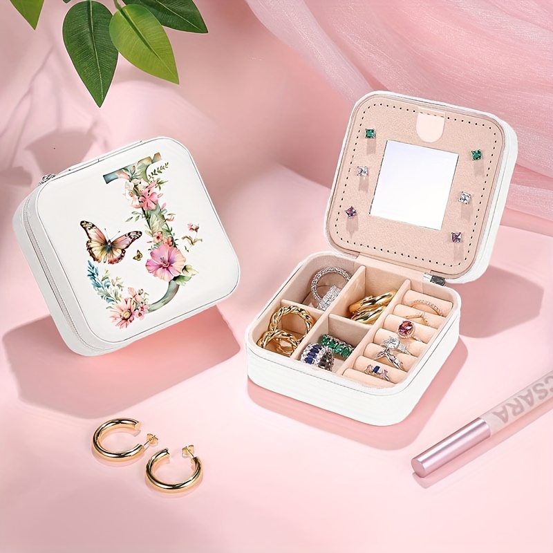 Floral Letter Personalized Mini Travel Jewelry Storage Case - Portable Jewelry Organizer Box with Compact Design, Soft Velvet Interior, And Secure Closure - Perfect for Women On-The-Go, Travel, And Storage of Small Additions