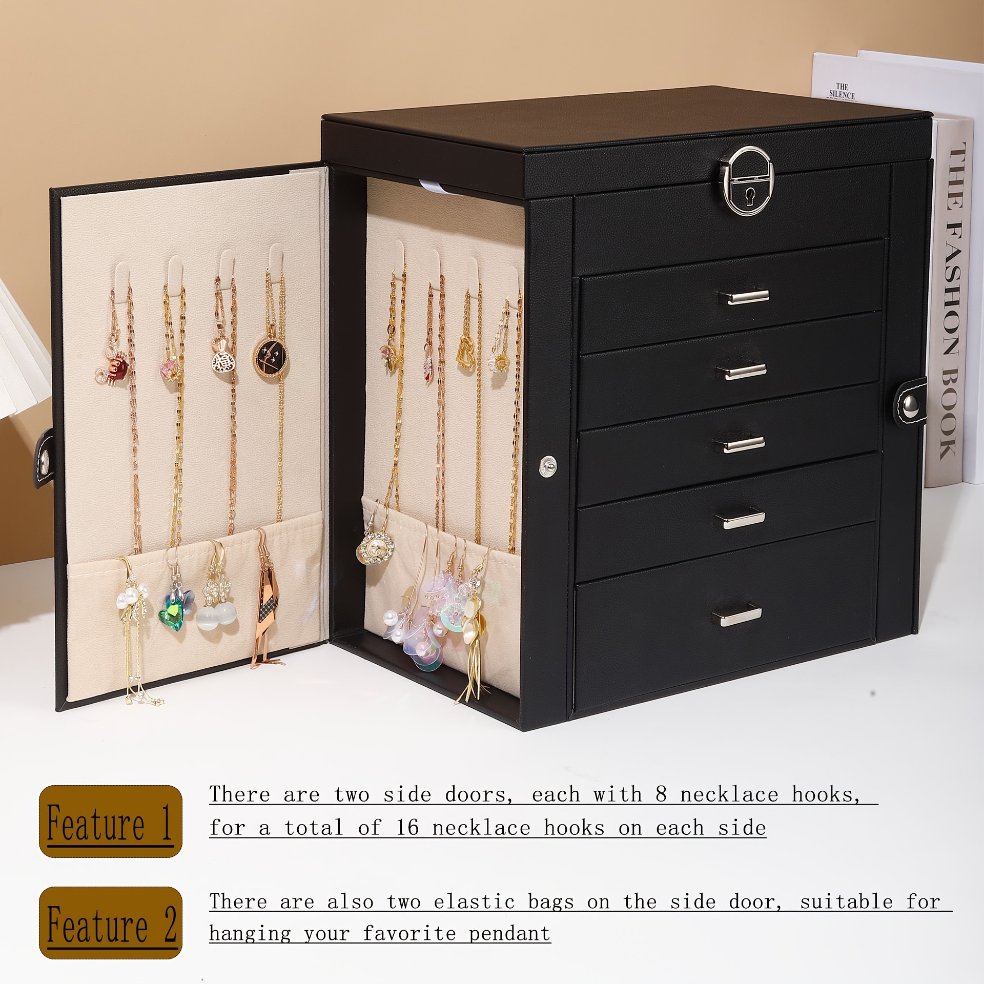 luxury 6 layer   leather jewelry box with   lid lockable storage for watches necklaces rings earrings cream interior black exterior   gift for thanksgiving mothers day graduation jewelry gift box Product details 3
