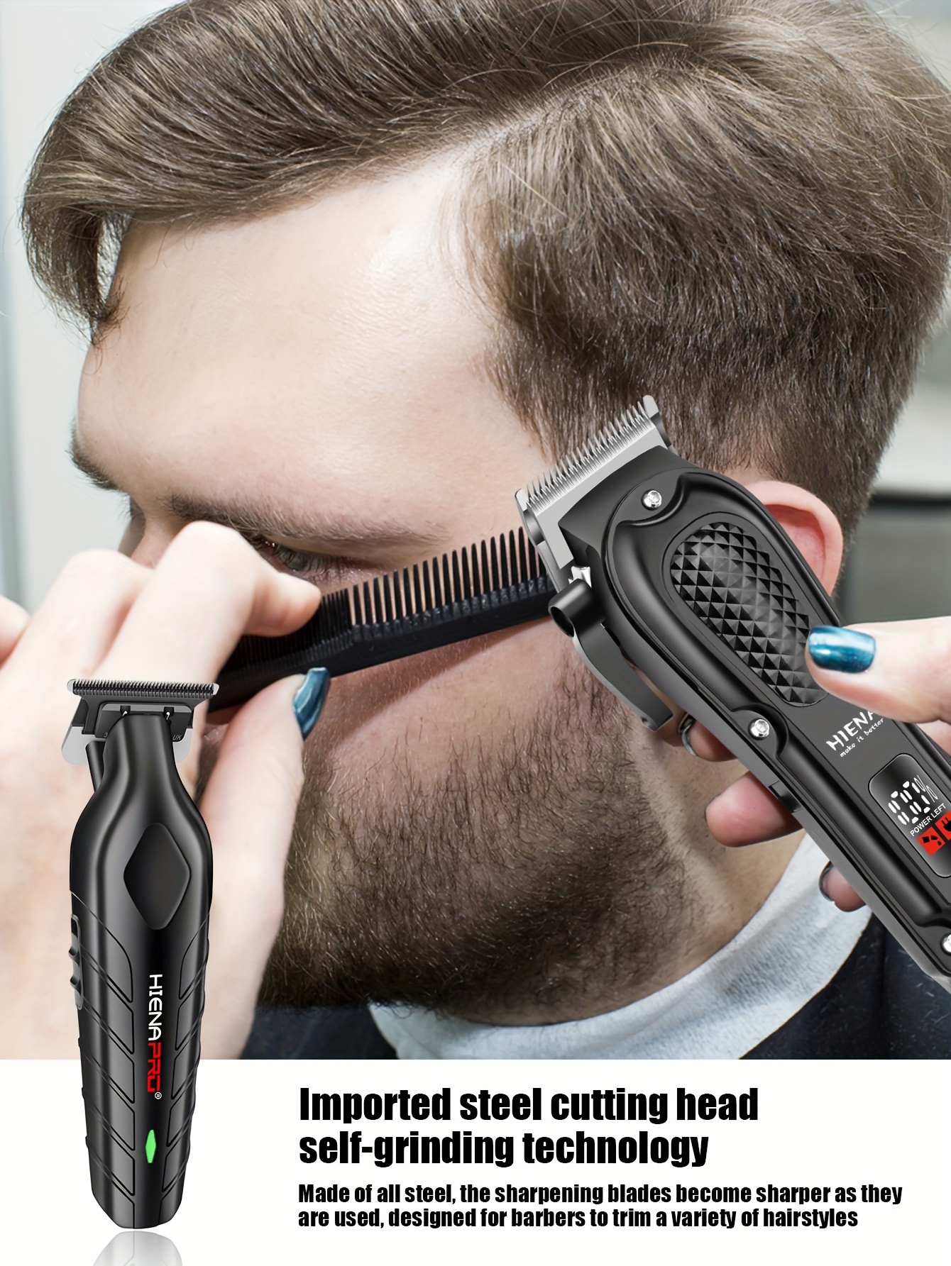 HIENA PRO Men's Electric Hair Clipper Set - Sleek Black Beard Trimmer with LCD Display, T-Blade, USB Rechargeable, 1500mAh Lithium Battery, Includes Multiple Comb Attachments for Styling & Grooming - Ideal Gift