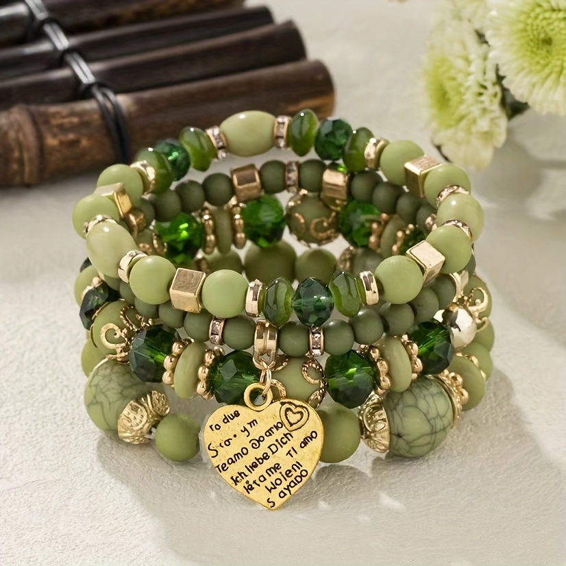 

-chic Bracelet With Heart & Olive Green Beads - Fashion Accessory