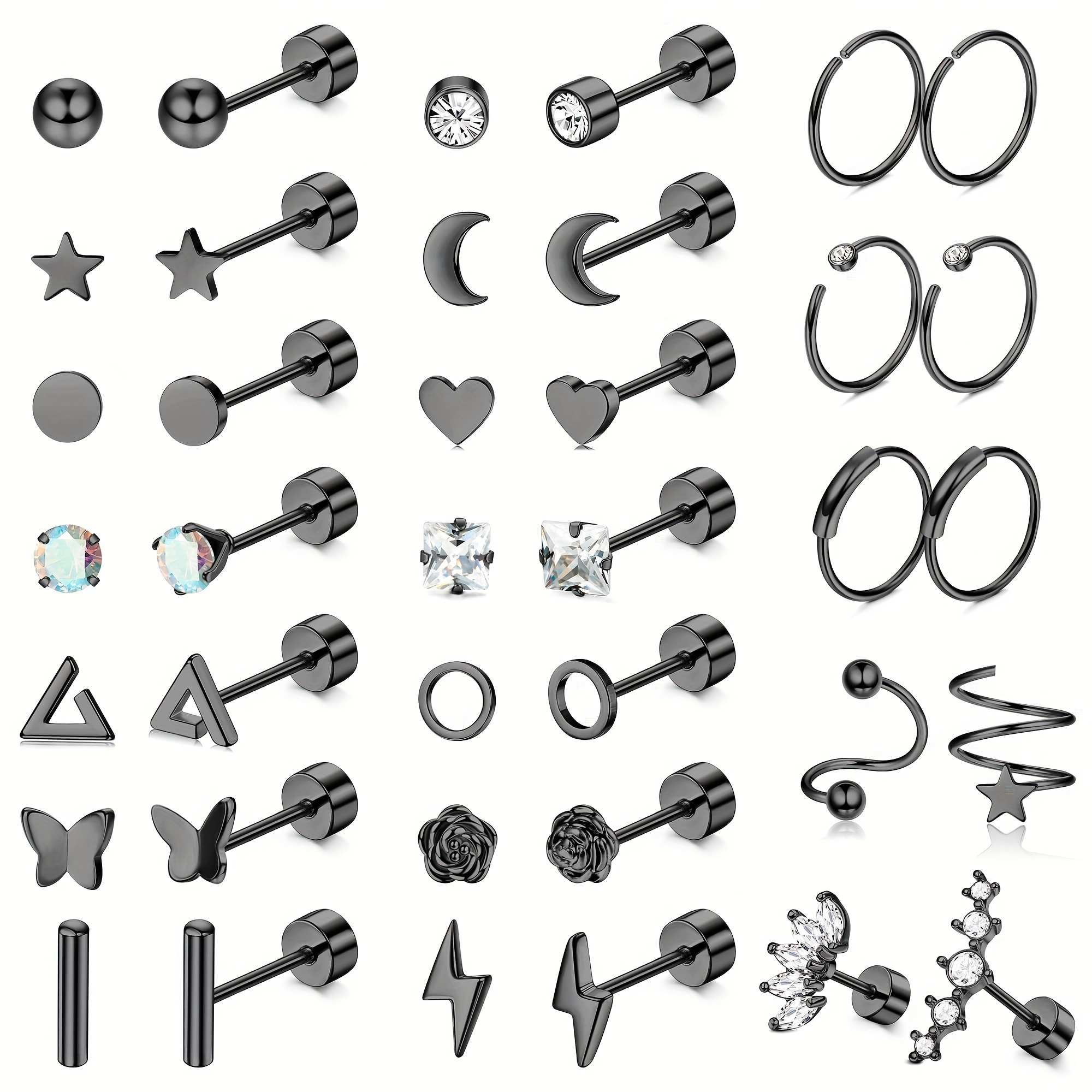 

38 Pieces/stud Set Earrings 18g Flat Back Stud Surgical Steel Spiral Tragus Piercing Jewelry