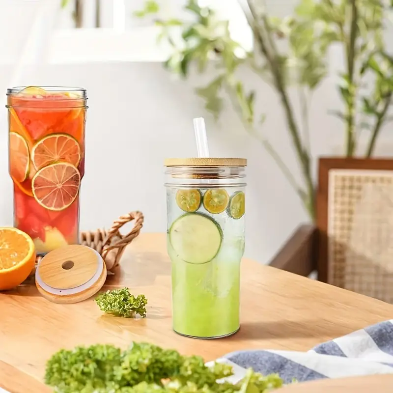 2pcs 4pcs insulated glass cup cold drink cup slush cold drink glass straw cup water cup wooden lid with cup cover straw straw cleaner home cold drink party beverage accessories Product details 4