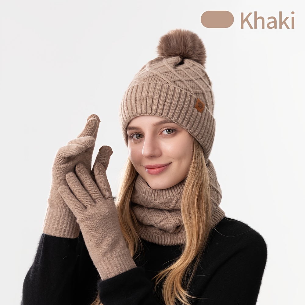 TEMU Women's 3pcs Winter Knit Set: Beige Cable-knit Hat With Pom-pom, Cozy Scarf & Touchscreen Gloves - Windproof & Warm For Outdoor Activities, Parties & Holiday Gifts, Winter Hat