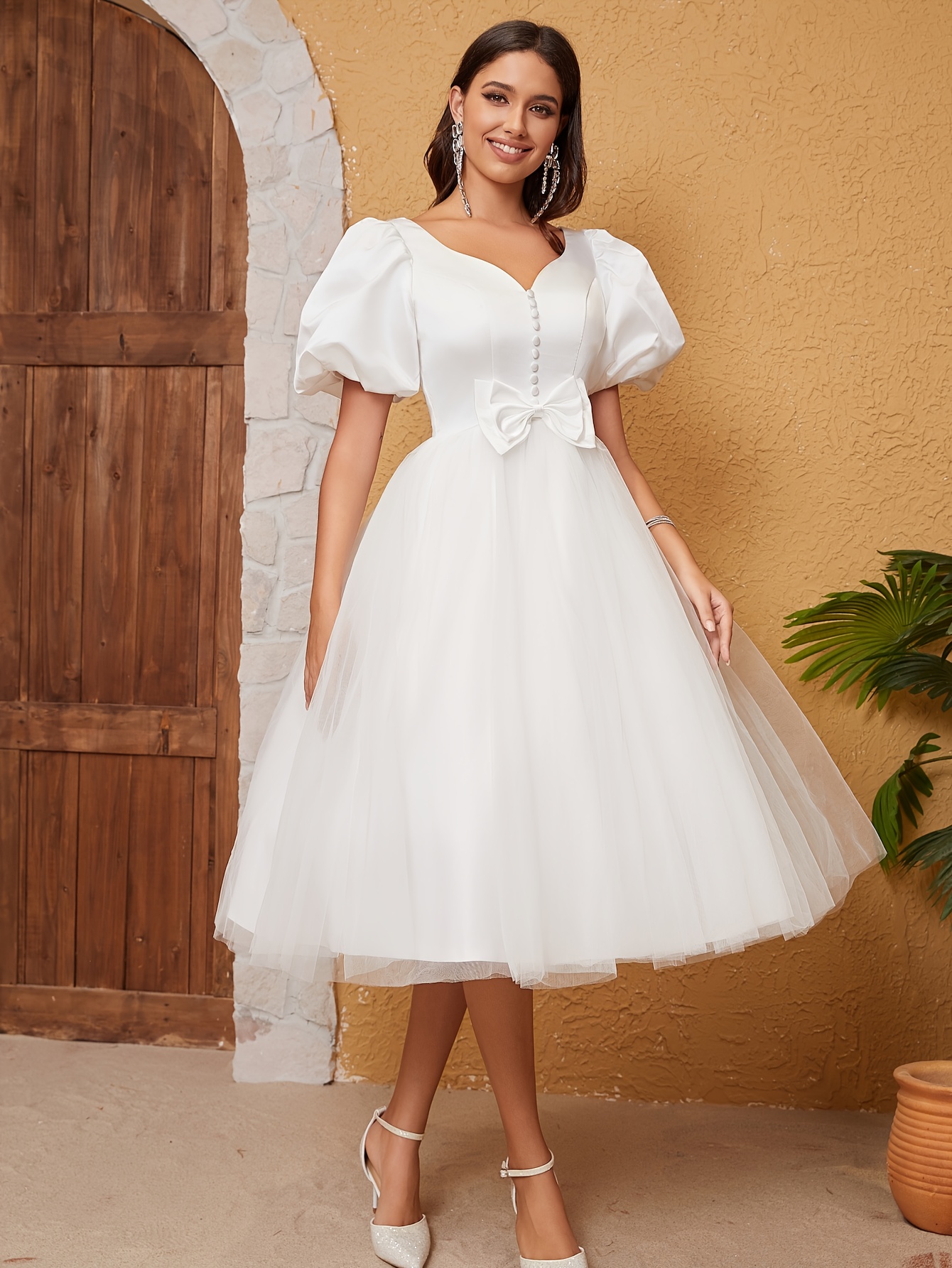 french bubble sleeve satin mesh splicing wedding dress - Temu Kuwait