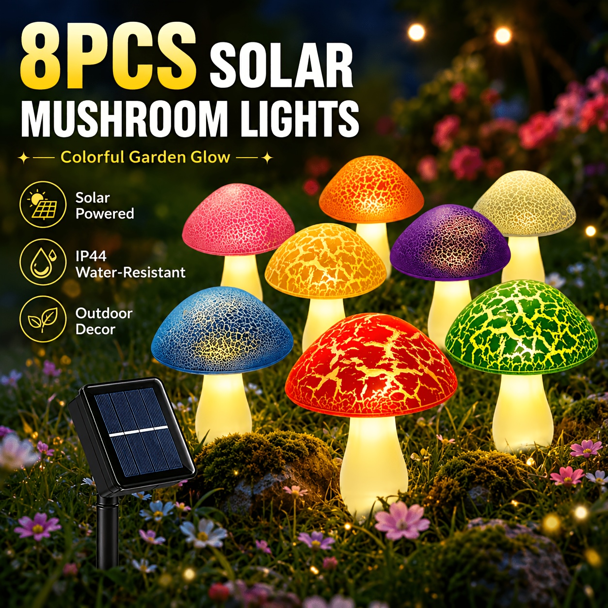 TEMU 12/8pcs Of Outdoor Solar Led Mushroom Lights, Colorful Mushroom Solar Lights, 8 , Ip44 Garden Lights, Christmas Decoration Lights, Outdoor