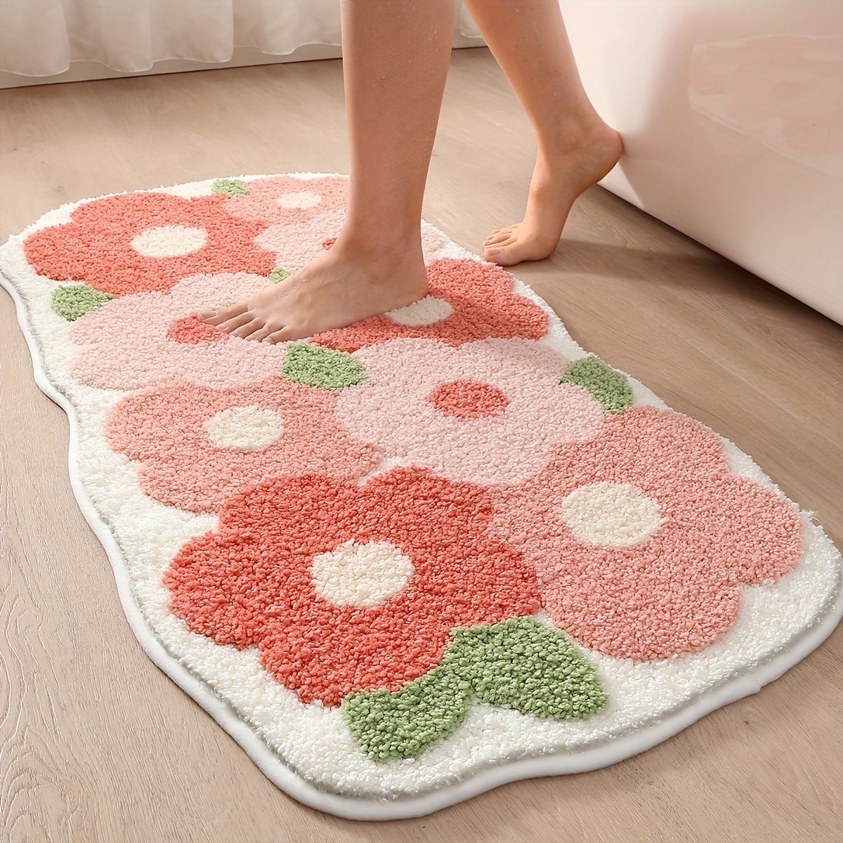 

1pc Dajiang Ultra- Bath Mat - Extra Absorbent, Non-slip Bathroom Rug With Pink & Design, Oval Shape, Plush Texture For Home Decor, Spring & Christmas Gifts, Bathroom Mat