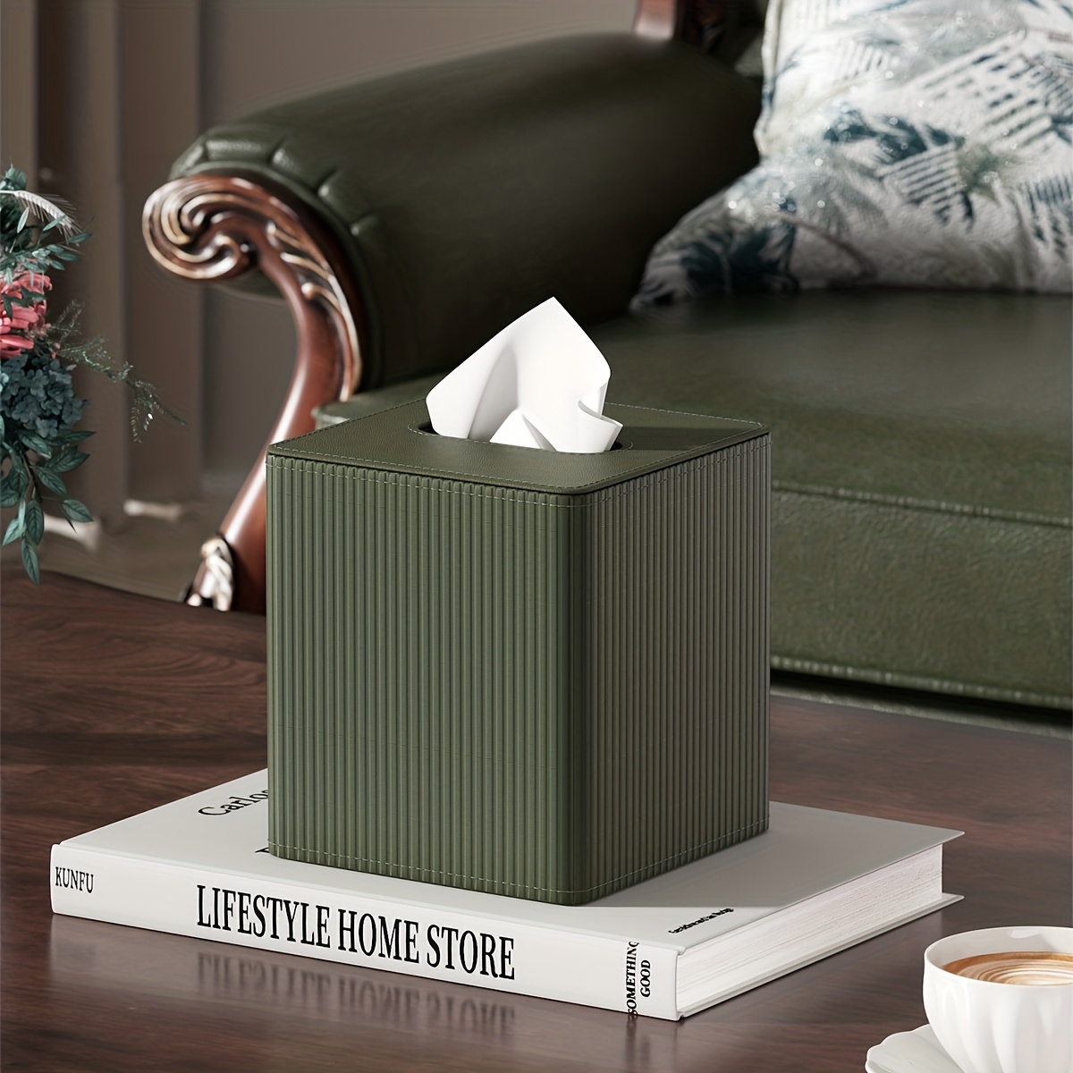 Large Olive Green Tissue Box | Roman Column Pattern, Leather-look, Ideal For Home And Restaurant Use