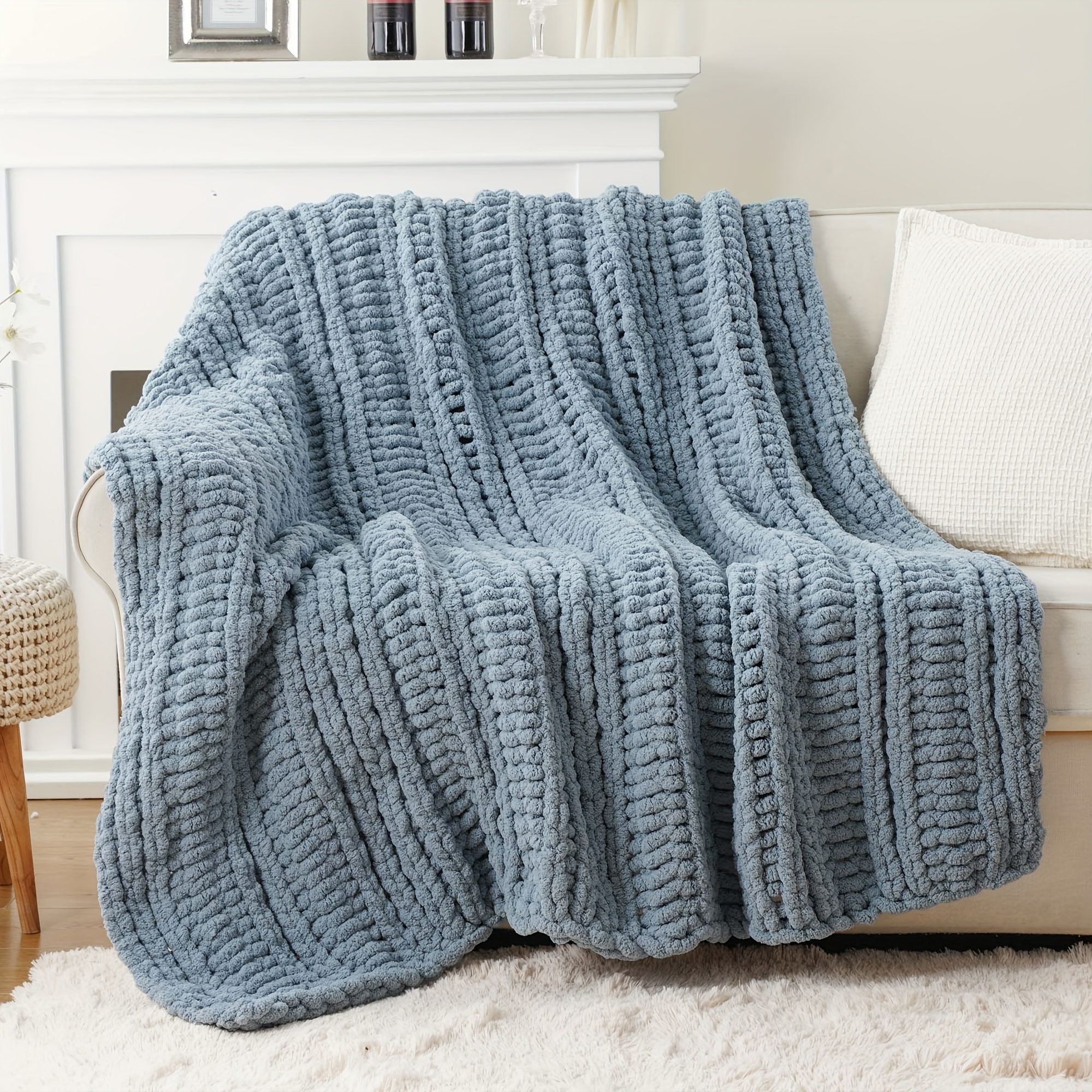TEMU Handmade Chunky Throw Blanket Suitable For Couch, Bed - Caramel Rust Cable Crochet Chenille Bedspread, Thick Textured Fall Orange Blanket For, 50"x60" Cozy Bedding For