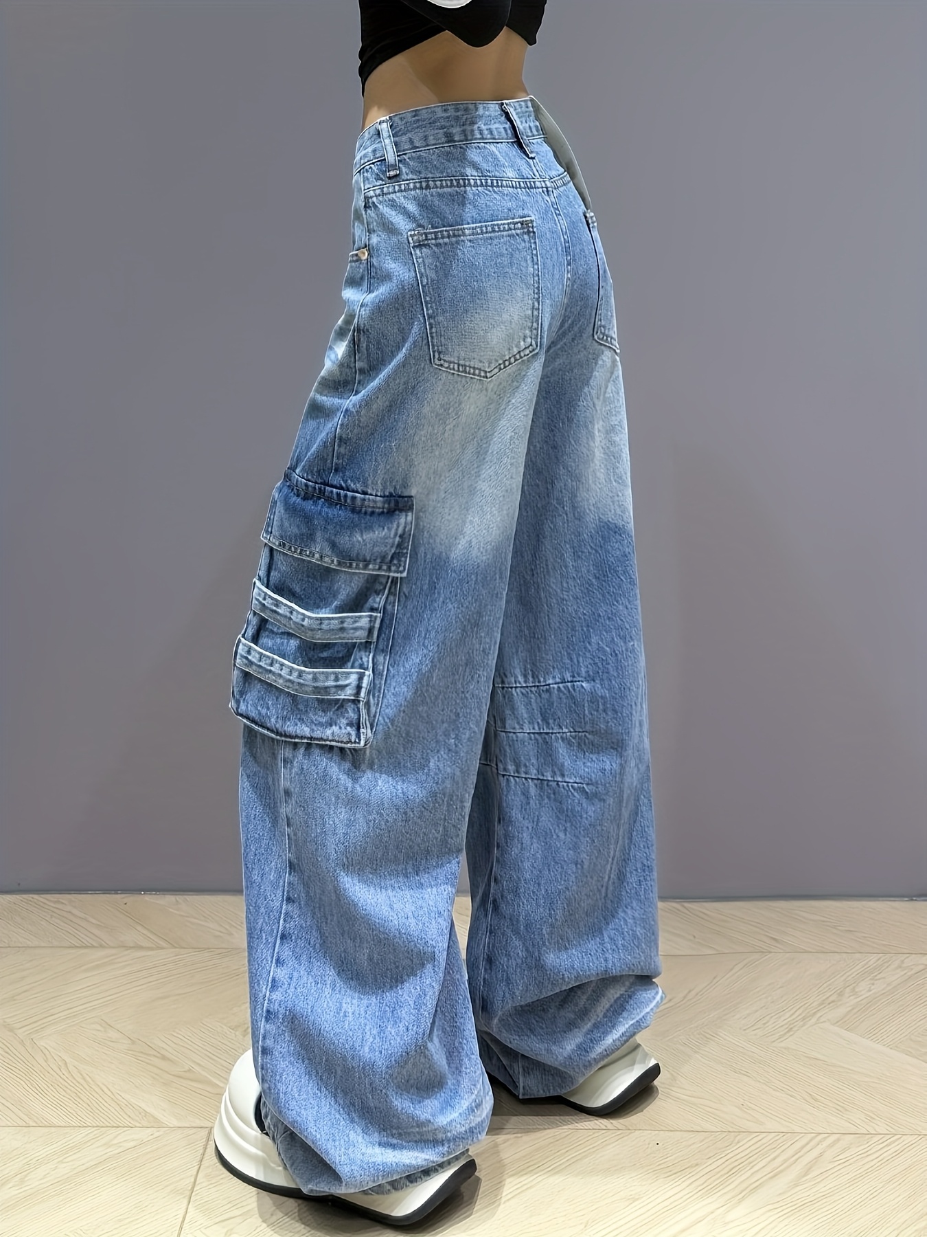 Women'S Vintage Denim Cargo Jeans with Large Pockets, Loose Fit, Wide  Leg, and Whisker Detailing Stylish and Design for Casual