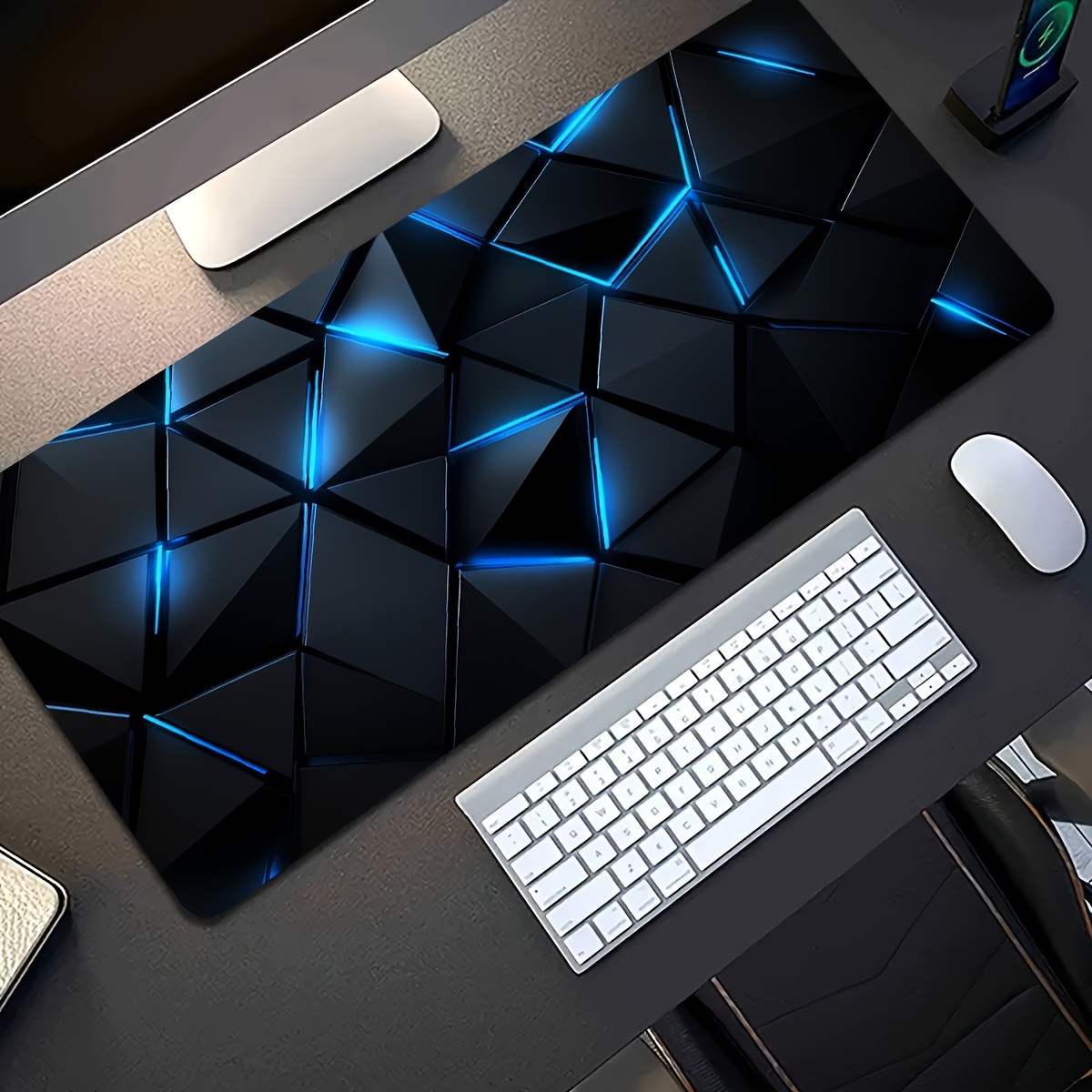 E-shop Großes 3D-Gaming-Mauspad im -Stil mit blauem geometrischem Design, rutschfester Gummiunterseite, präzisionsgesäumt – futuristische