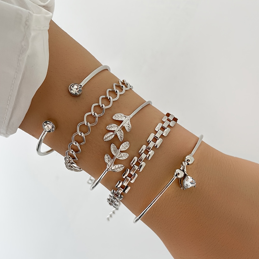E-shop 5-teiliges Set Offenes Armband Strassbesetztes Armband Set Einfaches Lässiges Vielseitiges Mode Blatt Verstellbares Offenes Armband Armband Set