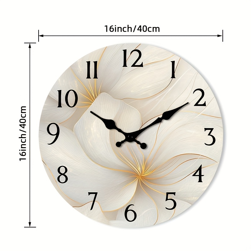 TEMU Elegant Floral Wall Clock - Non-ticking Wooden Round Clock With Golden Accents, Abstract In 10, 12, 14, 16 Clock Hands For Bedroom, Dining Room,