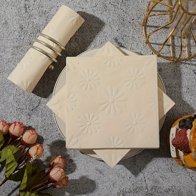 E-shop 40 Stück Beige Blumen Gänseblümchen Druck 2-lagige Servietten 9.84X9.84 Zoll - Eleganter weißer Hintergrund mit pinken und grünen Blumen für