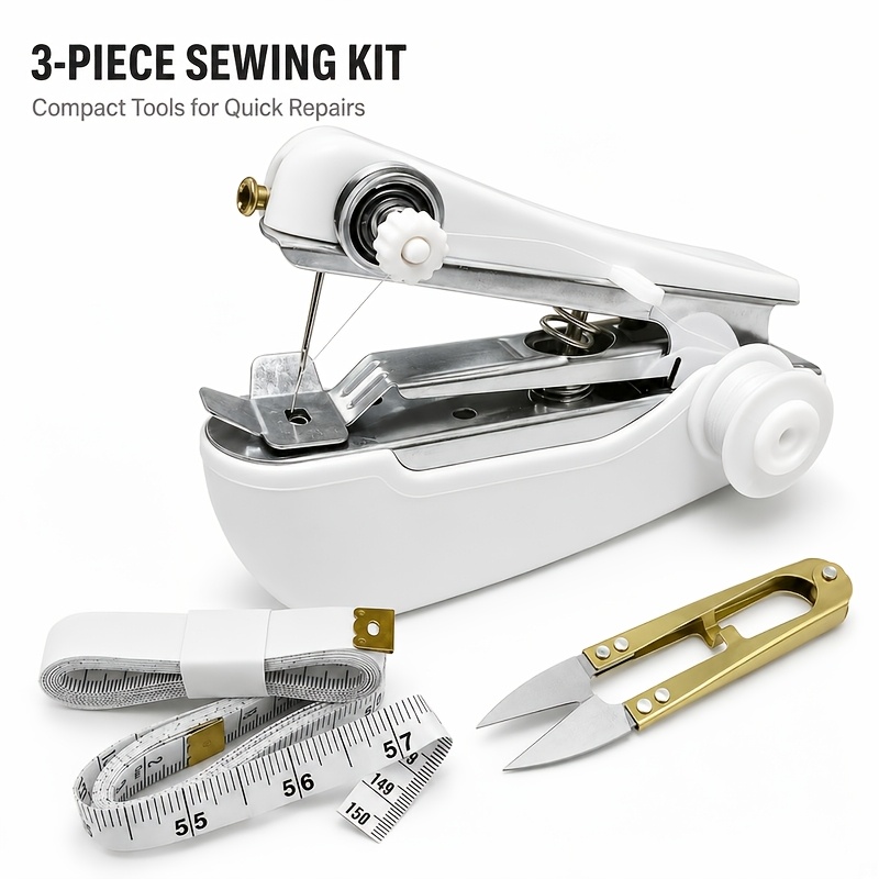 TEMU Kit de machine à coudre portable, 3 pièces Mini ensemble d'outils de couture manuels avec ruban à mesurer et coupe-fil pour réparations rapides